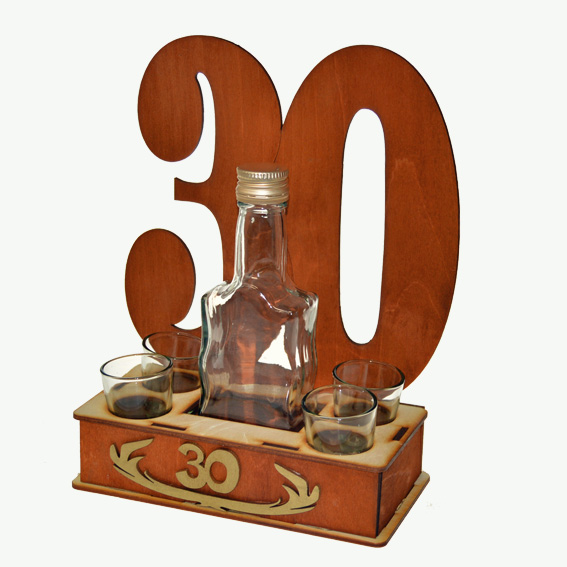 Flasche und Flaschenhalter aus Holz mit Deckel 30