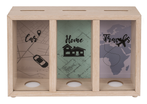 Geldkassette aus Holz mit 3 Fächern - Car, Home, Travel
