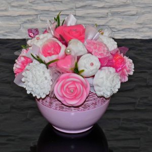 Seifenstrauß im Keramiktopf - rosa, weiß